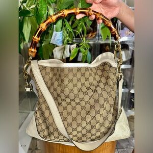 Gucci Tan and Cream Shoulder Bag with Bamboo Handle